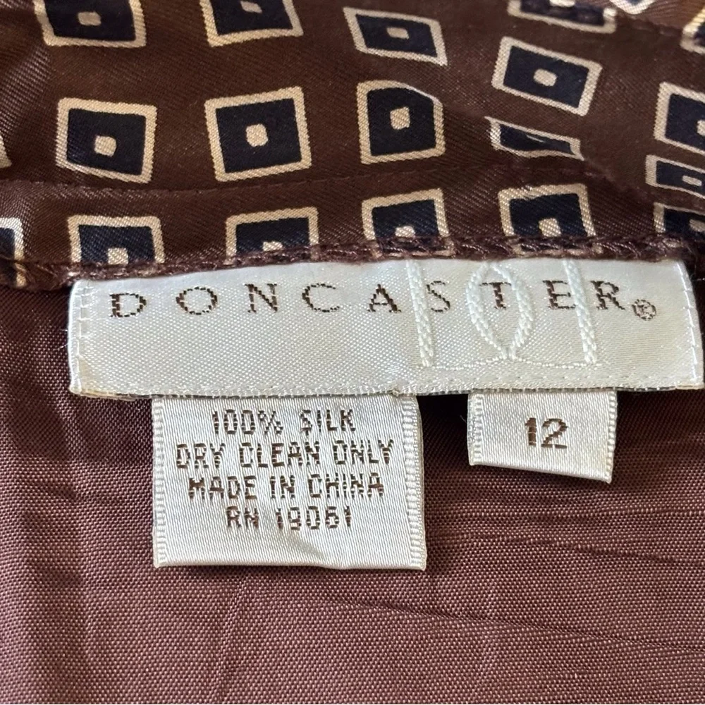Vintage Doncaster 100% silk Brown Geometric A-Line maxi skirt in size 12